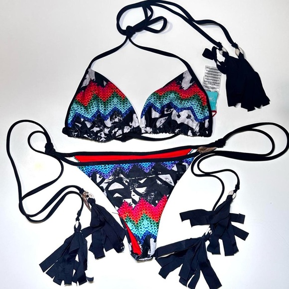 vintage Y2K Dakine rare Multicolor Aztec print bikini w tassels feather charms